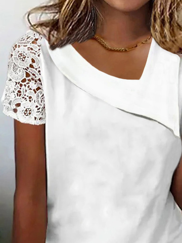 Plain Lace Short Sleeve Asymmetrical Collar Casual Shirt