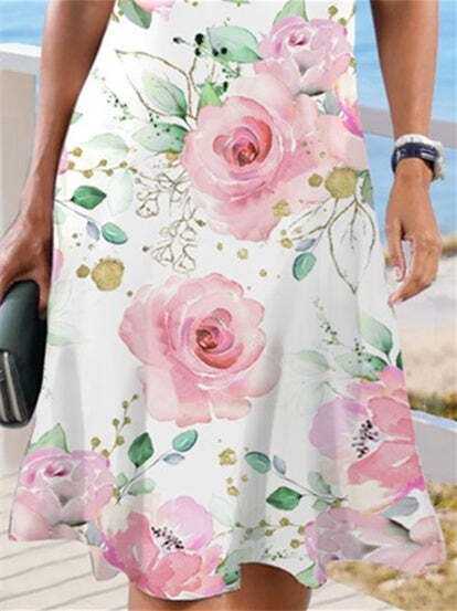 Women's Floral Printed Lace Short Sleeve V-neck Midi Dress