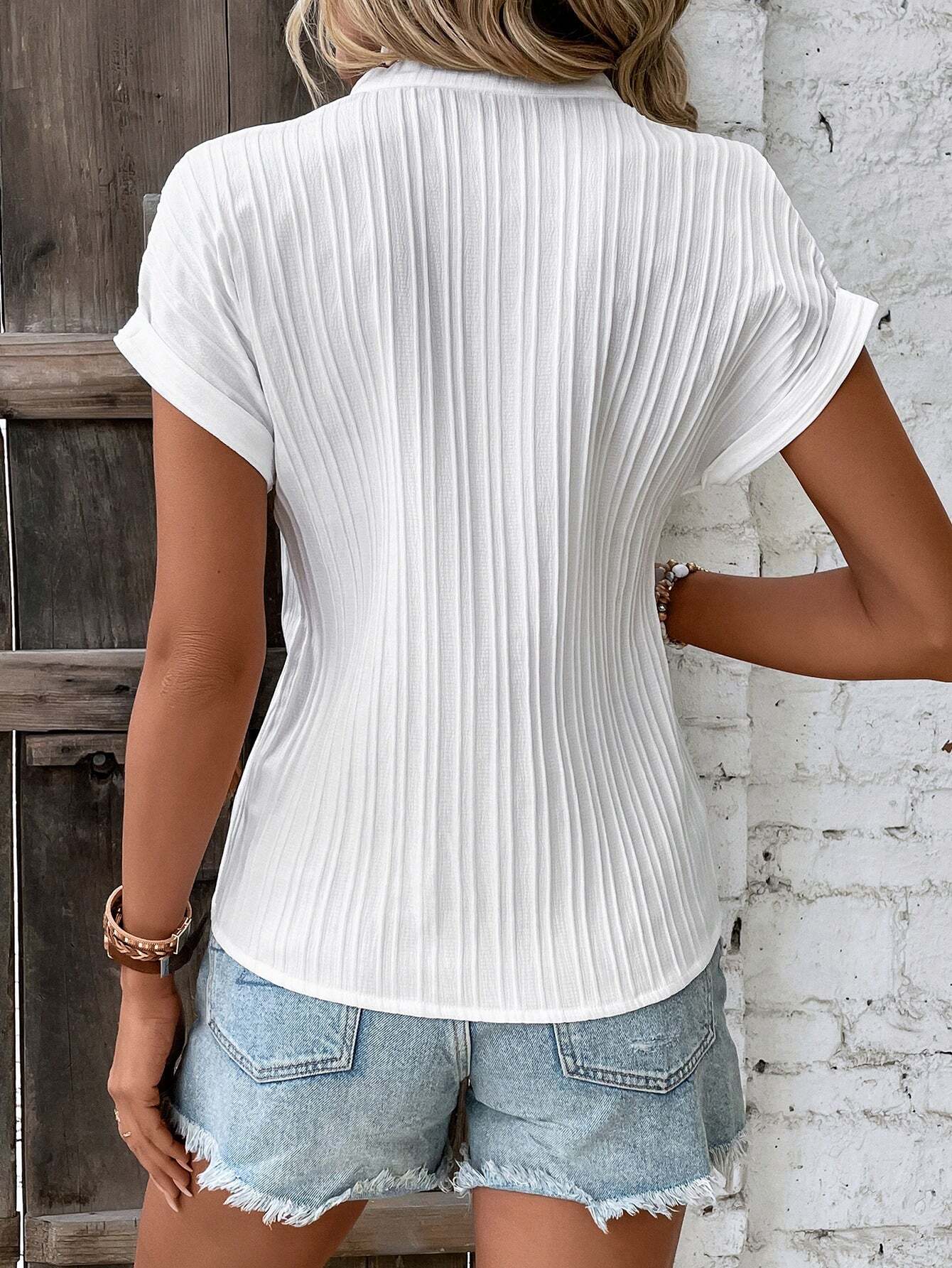 Solid Button Front Batwing Sleeve Blouse