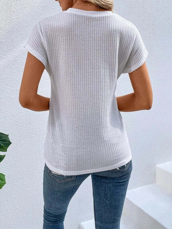 Twist Asymmetrical Hem Waffle Knit Batwing Sleeve Tee