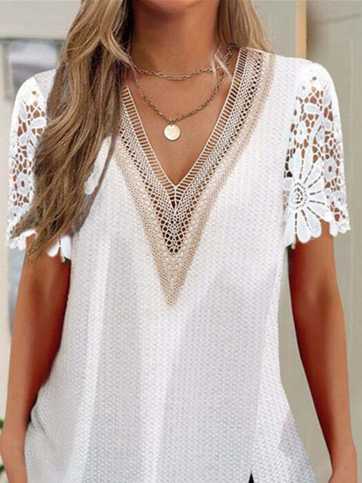 Women Short Sleeve V-neck Lace Tops