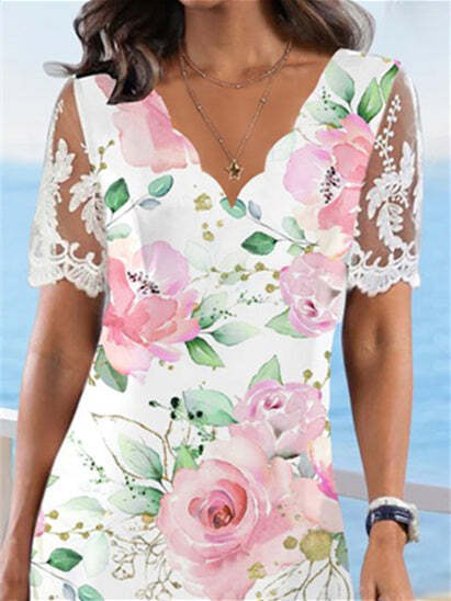 Women's Floral Printed Lace Short Sleeve V-neck Midi Dress