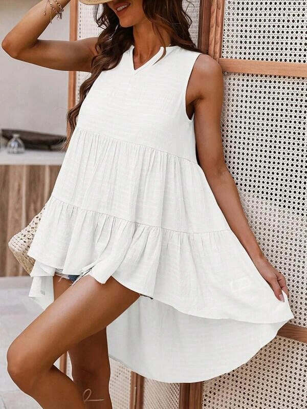 Notched Neck High Low Hem Sleeveless Blouse