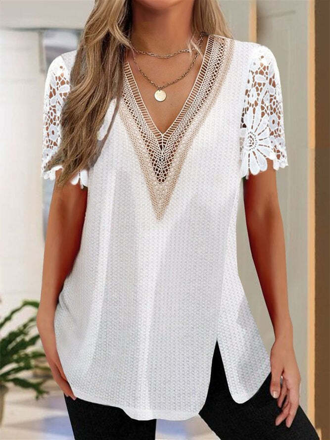 Women Short Sleeve V-neck Lace Tops