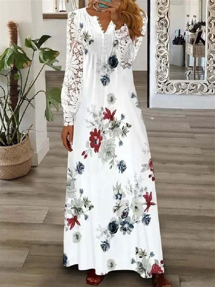 Women's Floral Printed Long Sleeve V-neck Maxi Dress