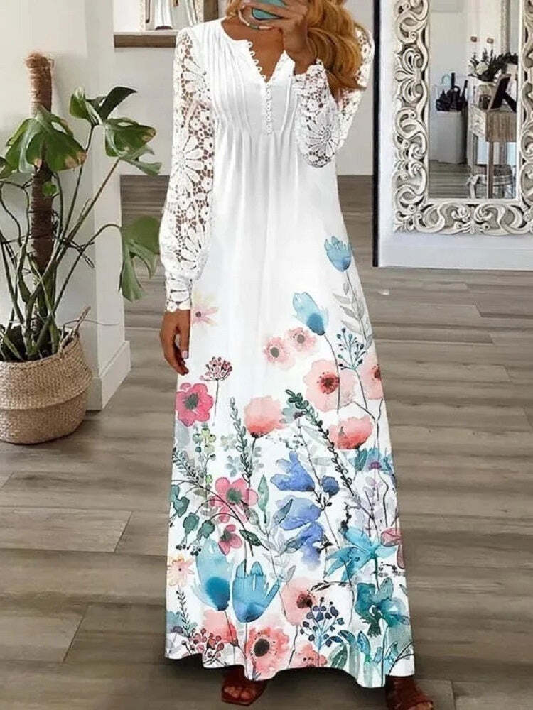 Women's Floral Printed Long Sleeve V-neck Maxi Dress