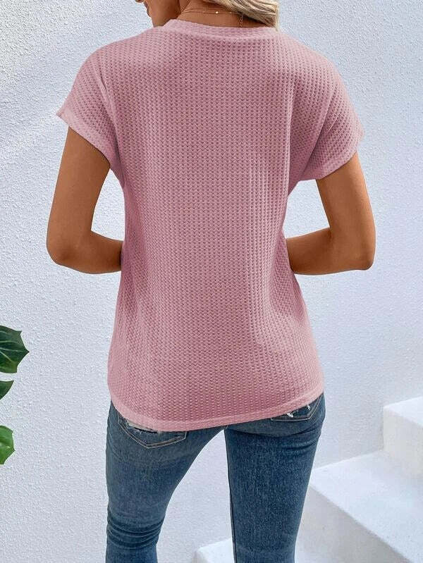 Twist Asymmetrical Hem Waffle Knit Batwing Sleeve Tee