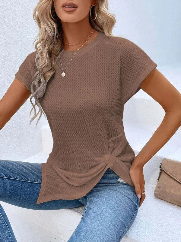 Twist Asymmetrical Hem Waffle Knit Batwing Sleeve Tee