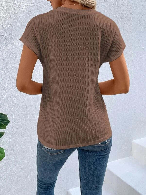 Twist Asymmetrical Hem Waffle Knit Batwing Sleeve Tee