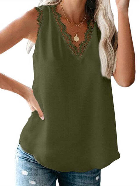 Women's Sleeveless Lace V-neck Solid Color Casual Top