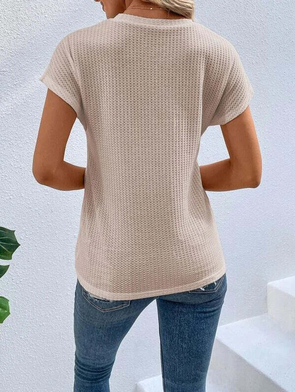 Twist Asymmetrical Hem Waffle Knit Batwing Sleeve Tee