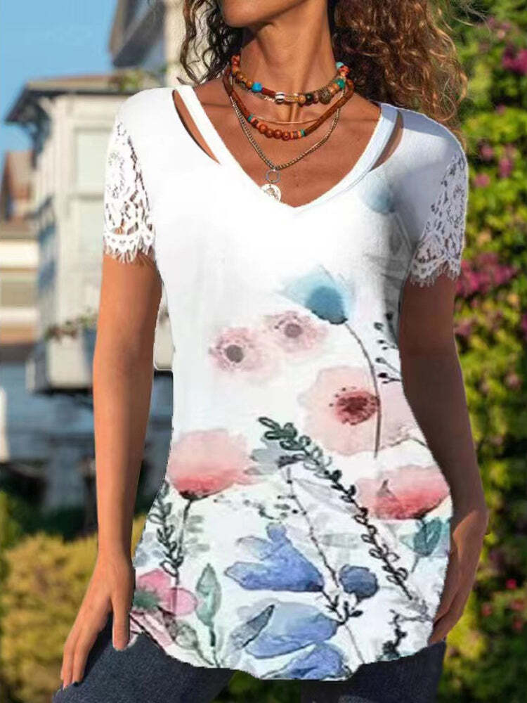 Women's Short Sleeve V-Neck Lace Flower Print Fashion Top