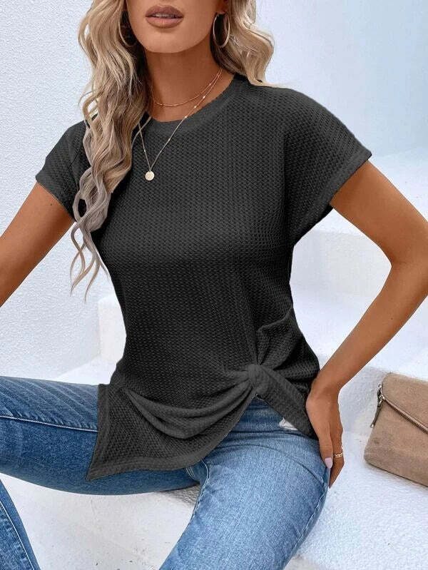 Twist Asymmetrical Hem Waffle Knit Batwing Sleeve Tee