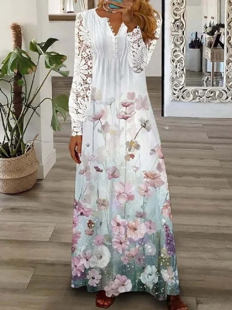 Women's Floral Printed Long Sleeve V-neck Maxi Dress