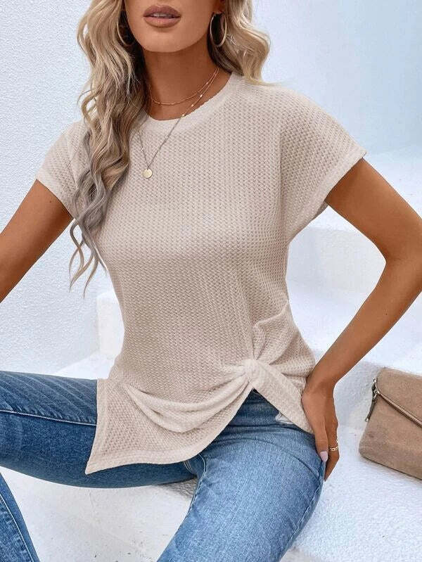 Twist Asymmetrical Hem Waffle Knit Batwing Sleeve Tee