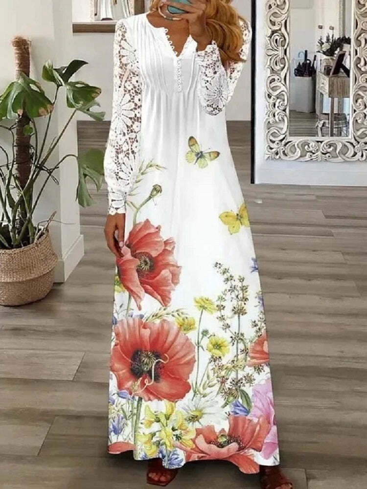 Women's Floral Printed Long Sleeve V-neck Maxi Dress