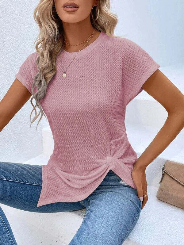 Twist Asymmetrical Hem Waffle Knit Batwing Sleeve Tee