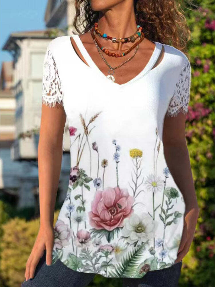 Women's Short Sleeve V-Neck Lace Flower Print Fashion Top