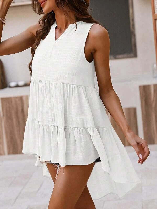 Notched Neck High Low Hem Sleeveless Blouse