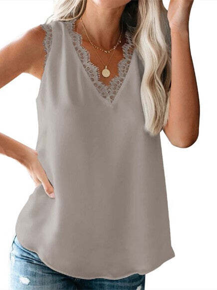 Women's Sleeveless Lace V-neck Solid Color Casual Top