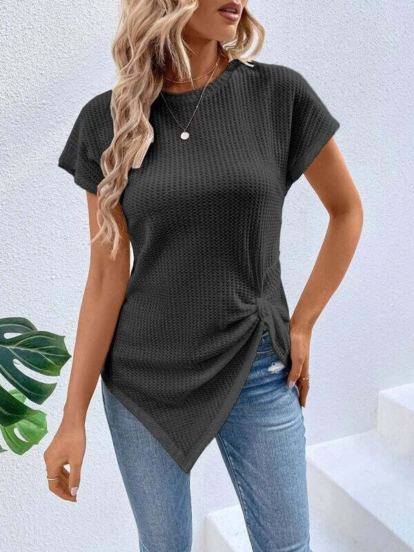 Twist Asymmetrical Hem Waffle Knit Batwing Sleeve Tee