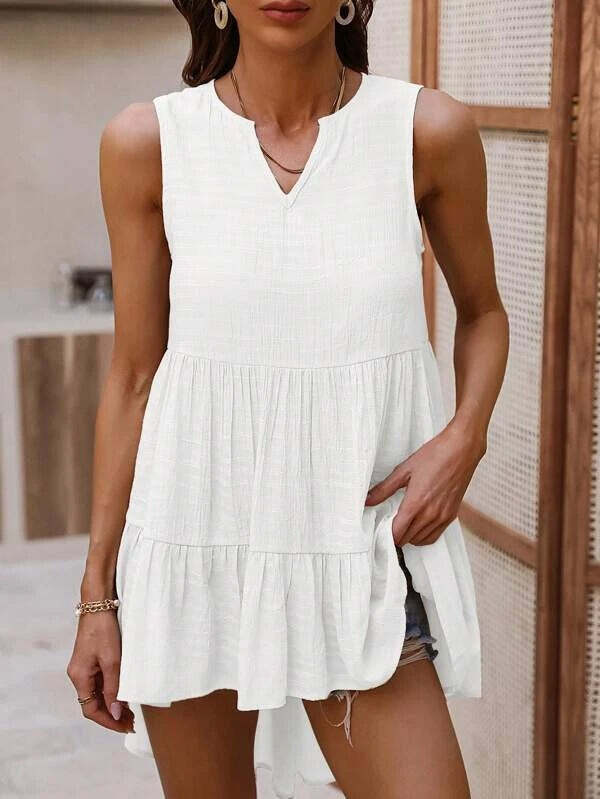 Notched Neck High Low Hem Sleeveless Blouse