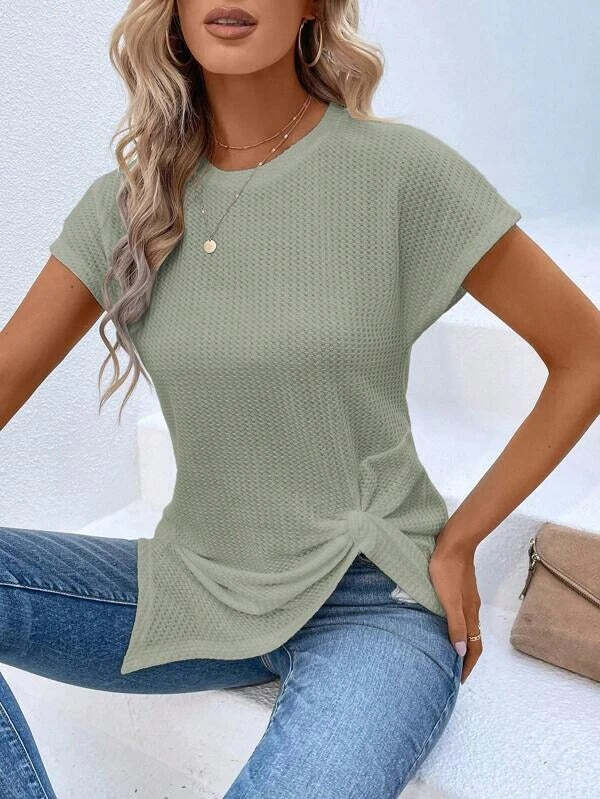 Twist Asymmetrical Hem Waffle Knit Batwing Sleeve Tee