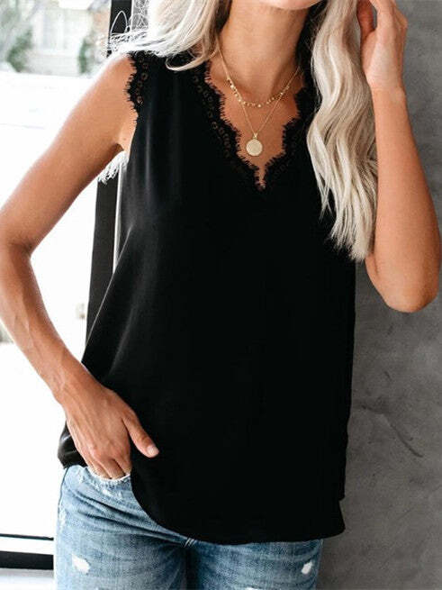 Women's Sleeveless Lace V-neck Solid Color Casual Top