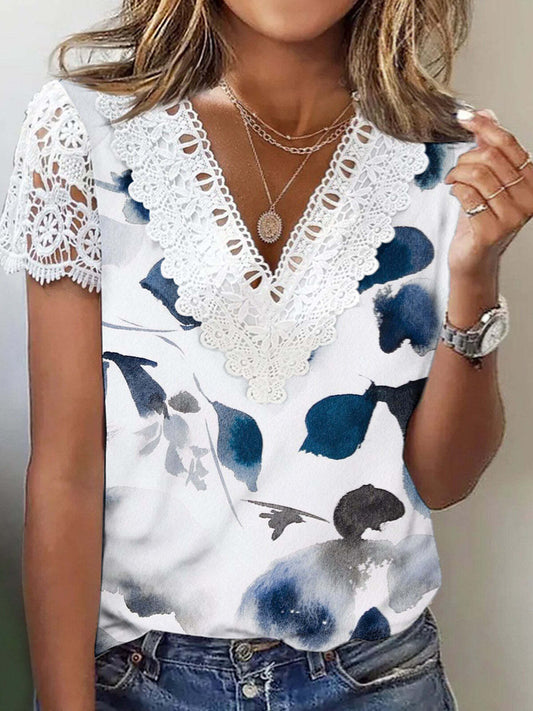 Women's Short Sleeve V Neck Lace Floral Printed Fashion Casual Top