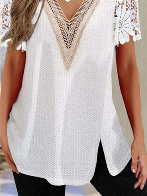 Women Short Sleeve V-neck Lace Tops