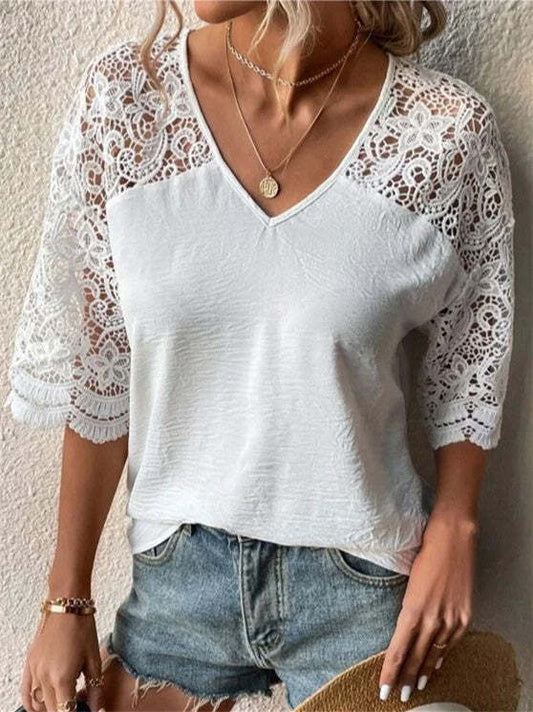 Women's Casual Half Sleeve V-neck Lace Hollow T-shirt