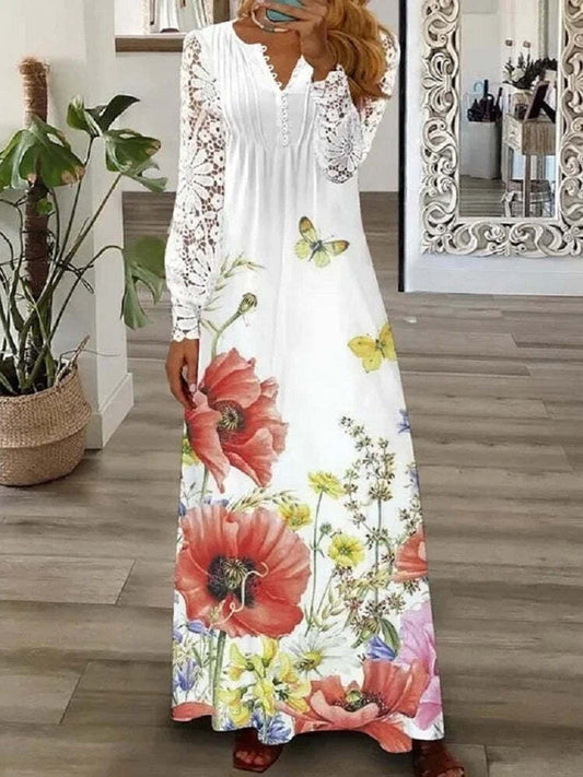Women's Floral Printed Long Sleeve V-neck Maxi Dress