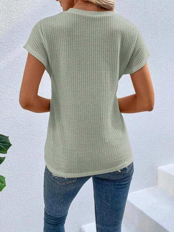 Twist Asymmetrical Hem Waffle Knit Batwing Sleeve Tee
