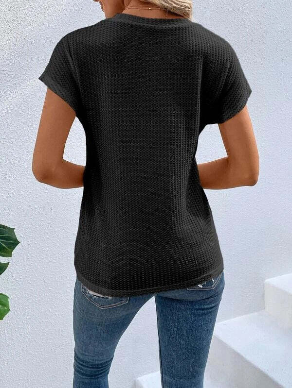 Twist Asymmetrical Hem Waffle Knit Batwing Sleeve Tee