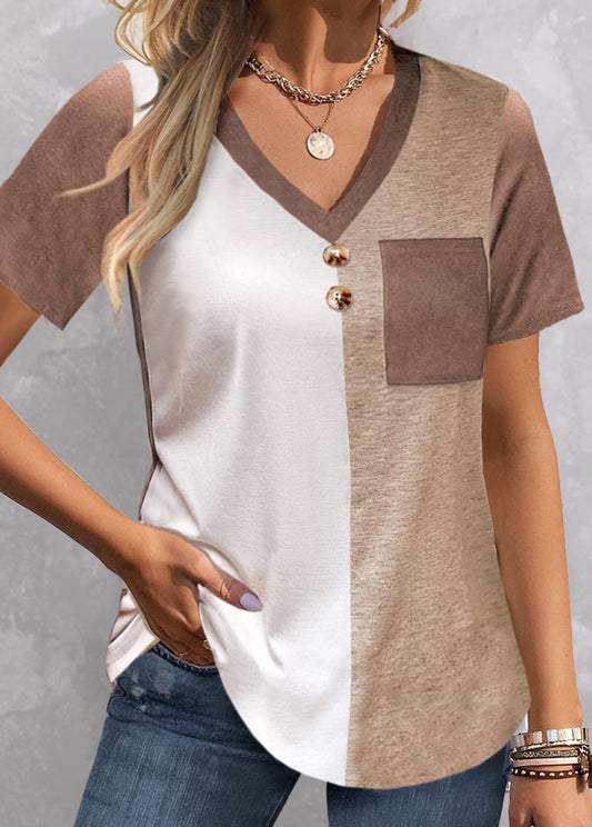 Pocket Light Camel V Neck T Shirt