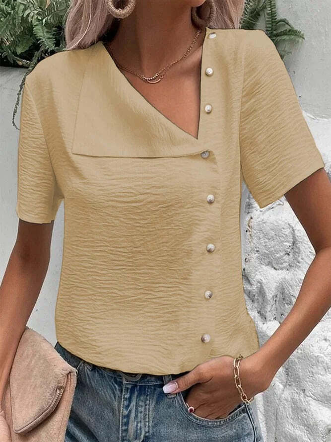 Plain Short Sleeve Buckle Casual Blouse